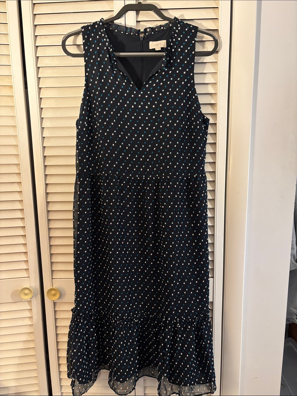 Sleeveless Loft Outlet navy polka dot dress